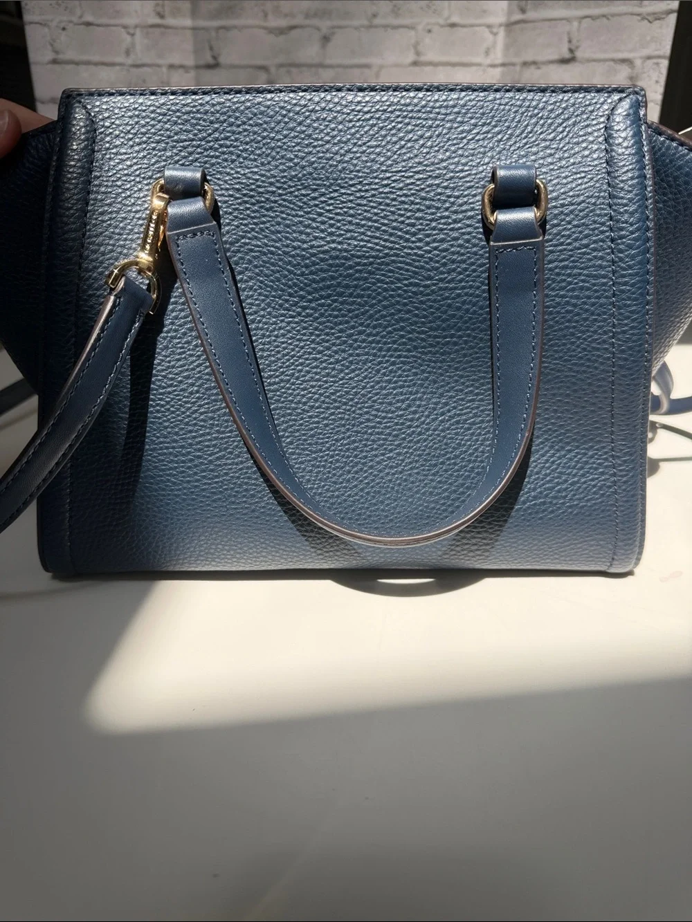 Michael Kors Navy Blue Pebbled Leather Satchel with Gold Hardware